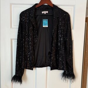 Nanette Lepore Black Sequin Feather Cuff Blazer